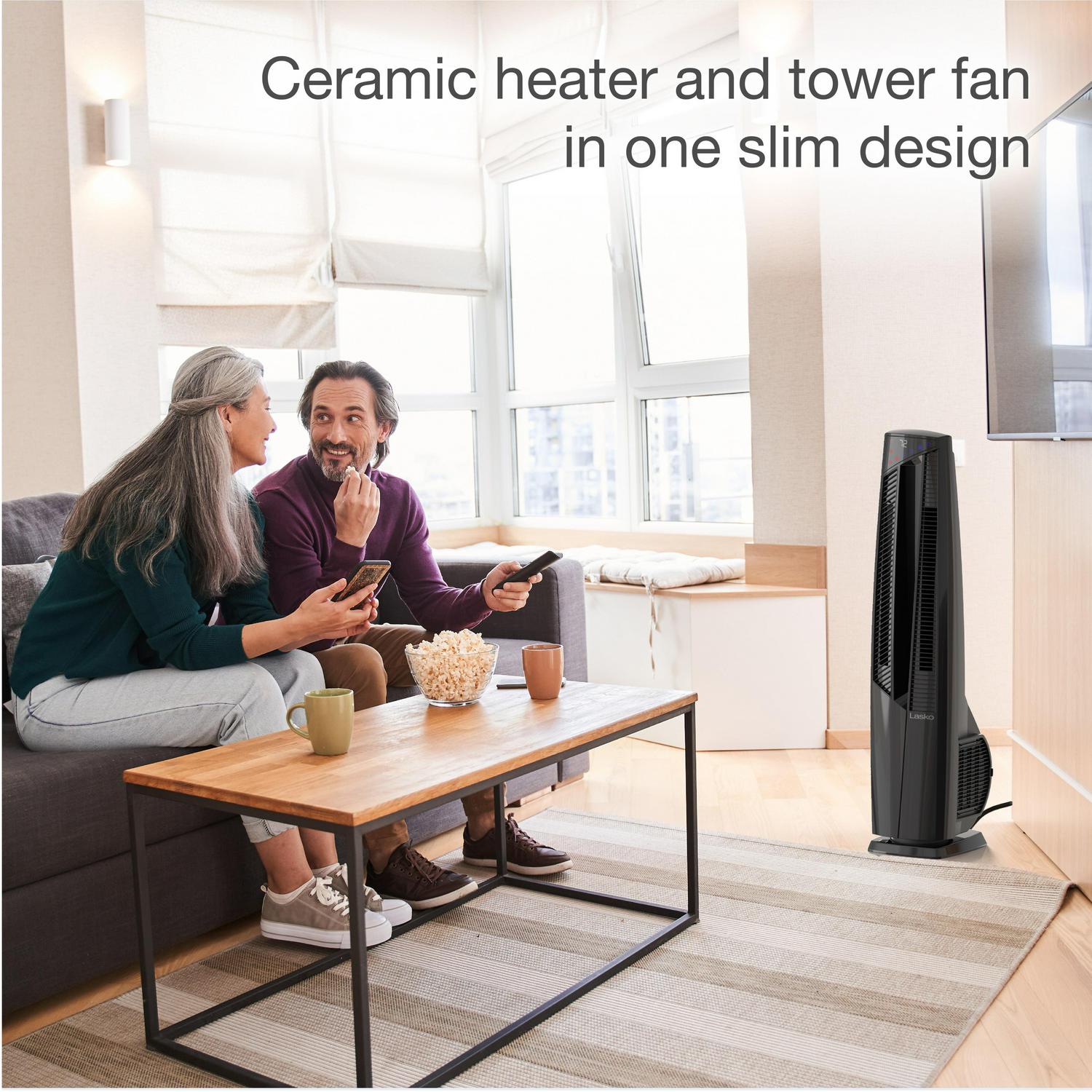 Lasko 1500W Oscillating All Season Electric Tower Fan and Space Heater with Remote， FHV801， Black