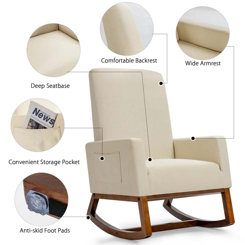 High Back Rocking Chair Upholstered Living Room Chair Nursery Accent Armchair with Wood Base & Side Pocket