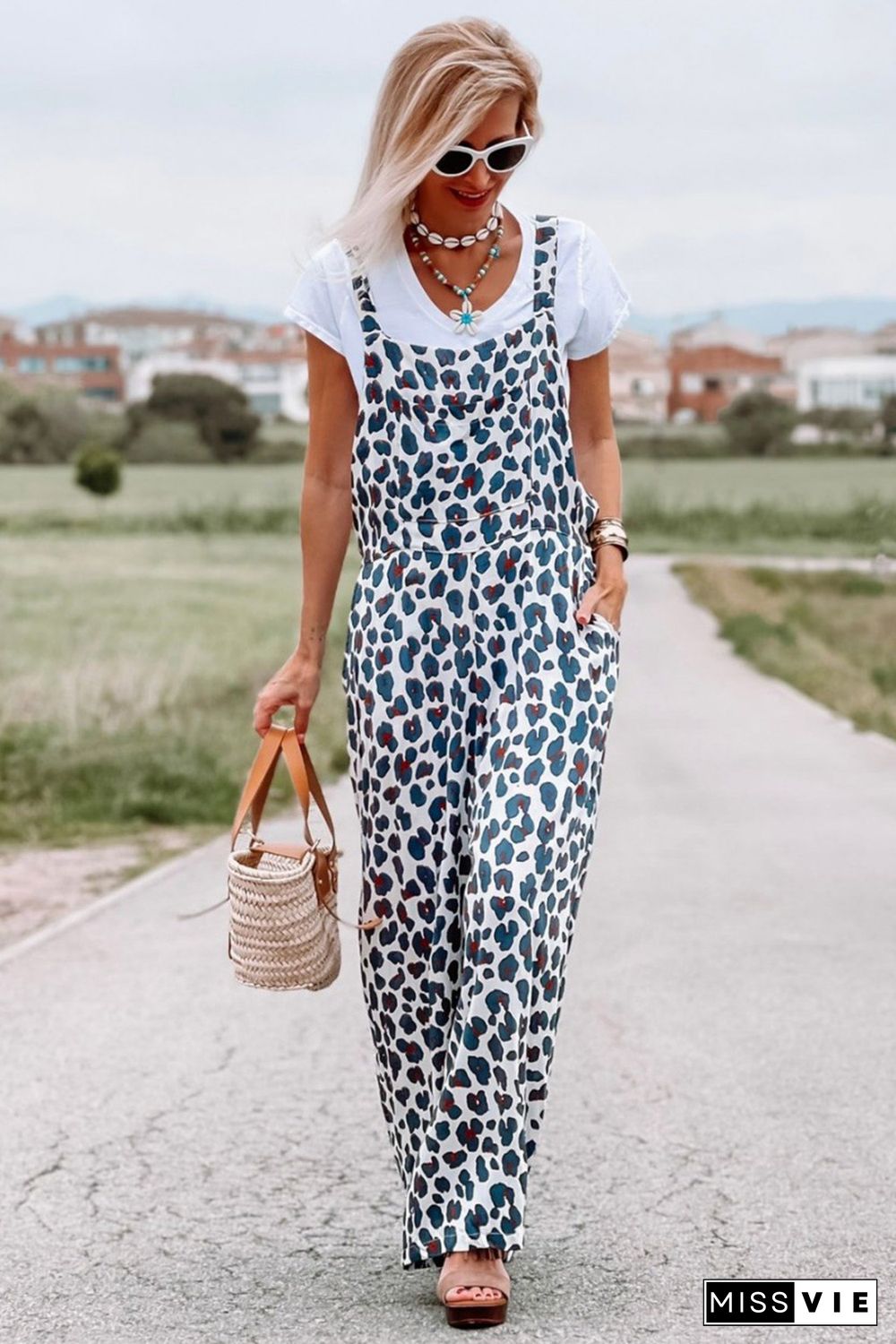 White Wide Leg Leopard Print Jumpsuit Overalls