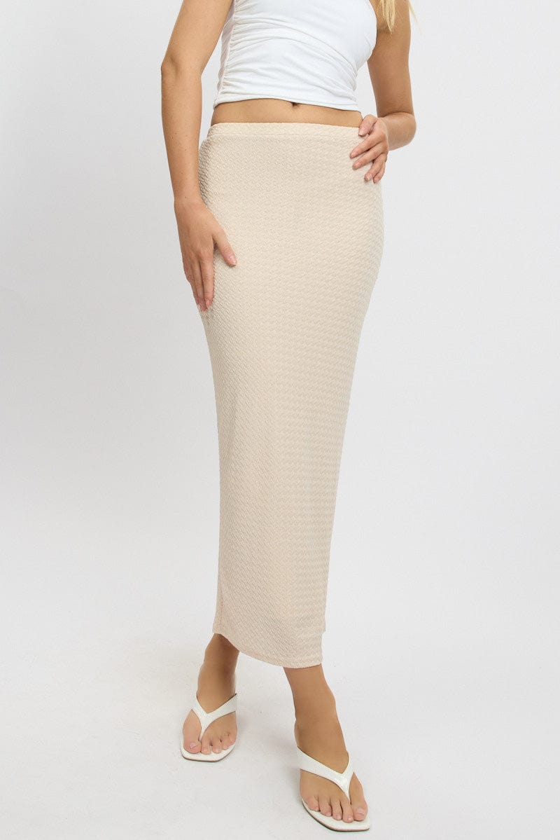 Beige Midi Skirt High Rise Textured Jersey