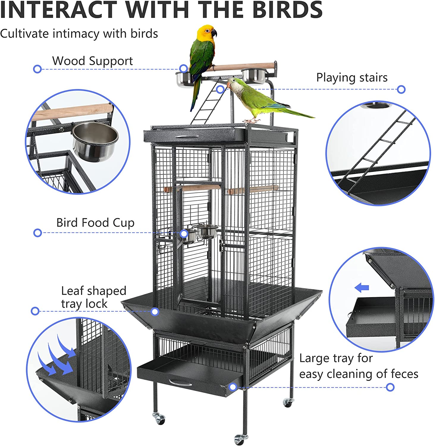 YRLLENSDAN 61-inch Wrought Iron Large Bird Cage with Play Top and Rolling Stand Parrot Cage Bird Cages， Black