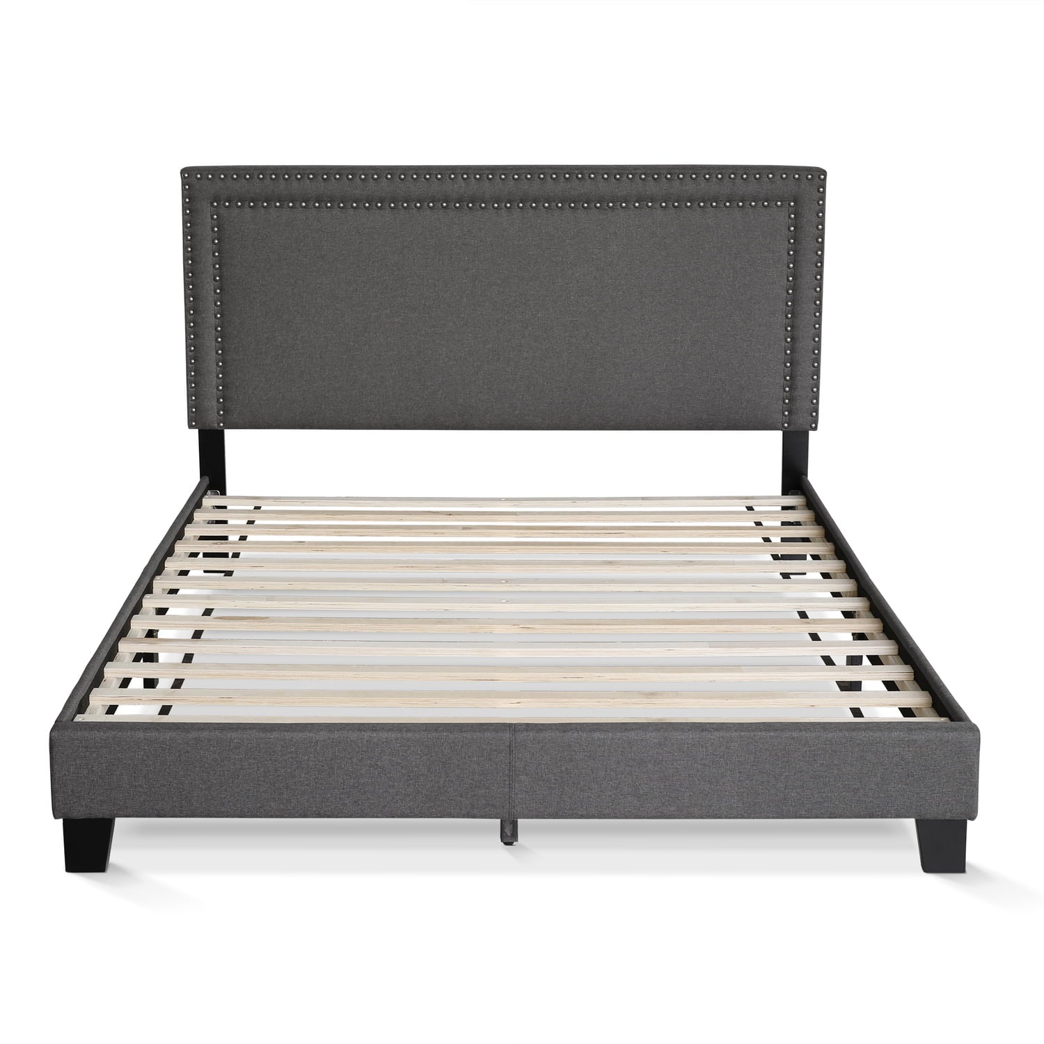 Furinno Laval Double Row Nail Head Bed, 12 Piece Slat Style, Stone, Queen