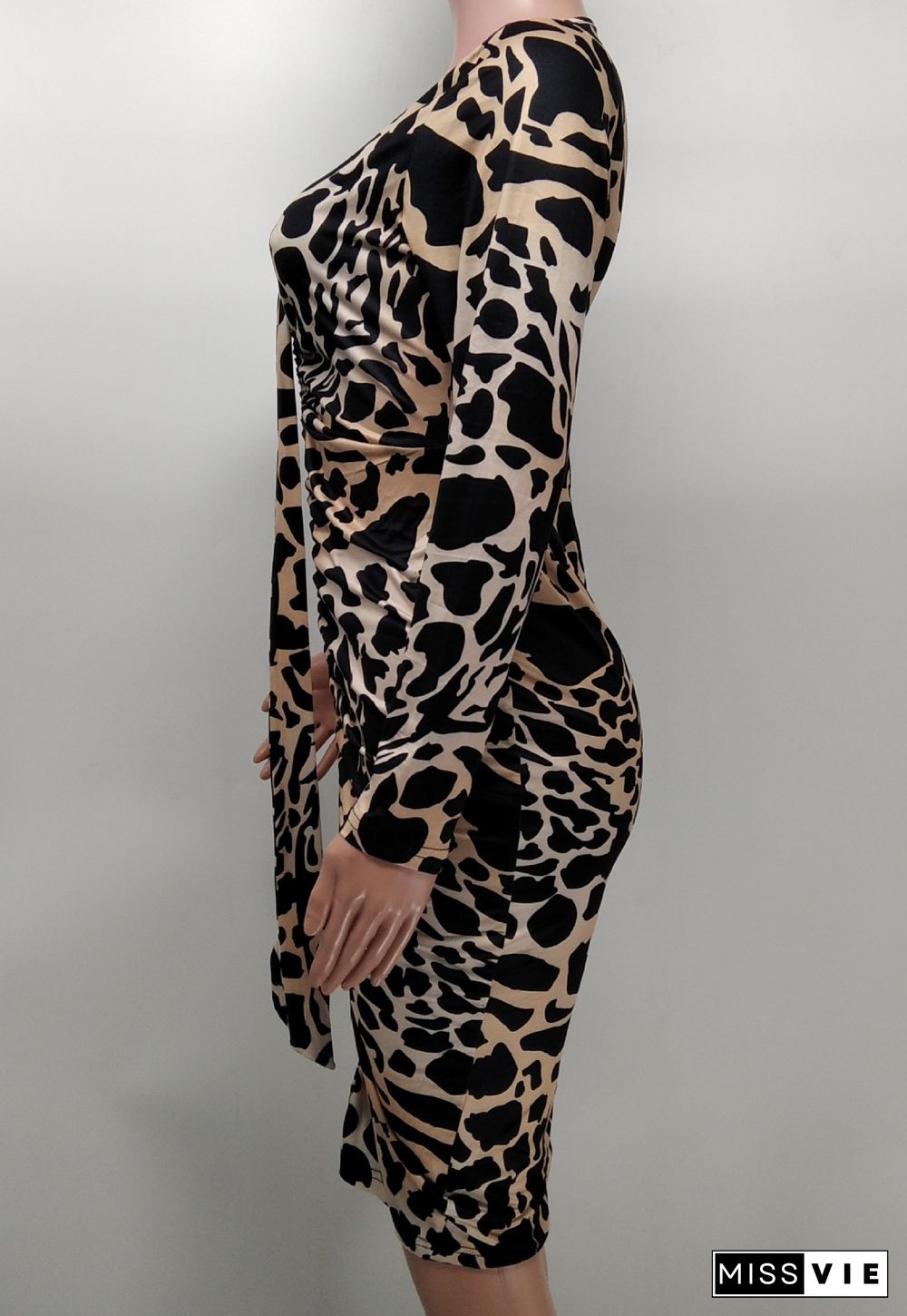 Leopard Print Long Sleeve Slim Fit Ruched Dresses