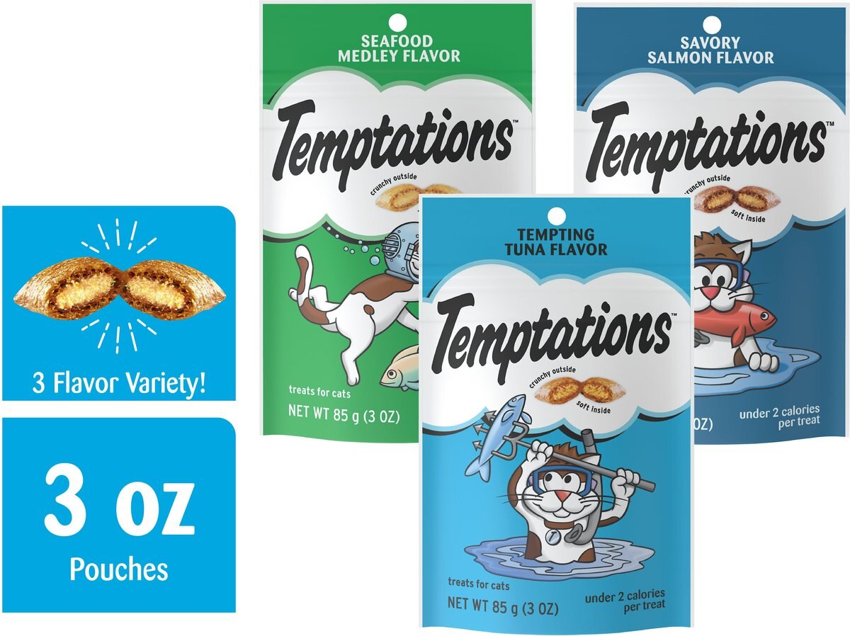 Temptations Classic Seafood Lovers Variety Pack Soft and Crunchy Cat Treats， 3-oz bag， case of 6