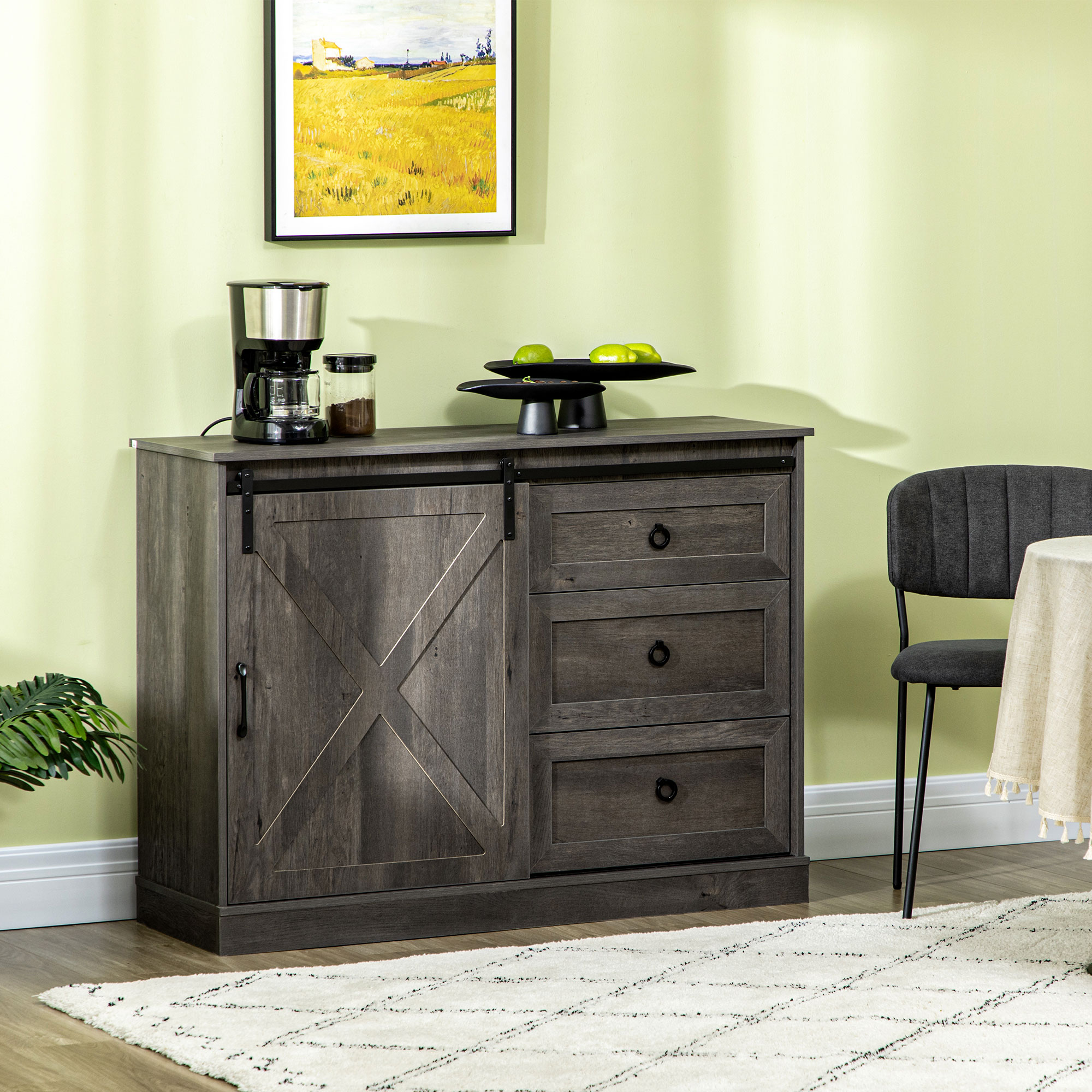 HOMCOM Farmhouse Coffee Bar Cabinet， Kitchen Sideboard， Buffet Cabinet with Sliding Barn Door and 3 Storage Drawers for Living Room， Dark Grey