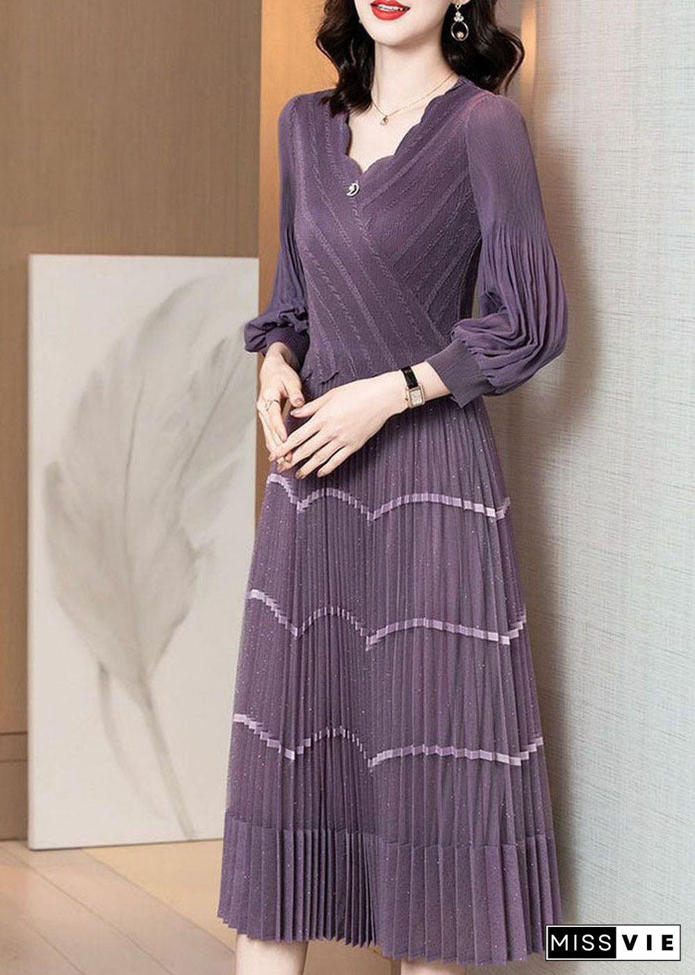 Chic Purple V Neck Patchwork Silk Pleated Dress Long Sleeve