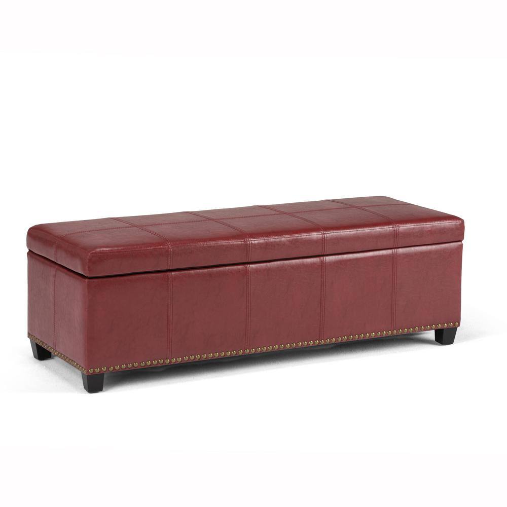 Simpli Home Kingsley 48 in. Transitional Storage Ottoman in Radicchio Red Bonded Leather 3AXCOT-240-RRD