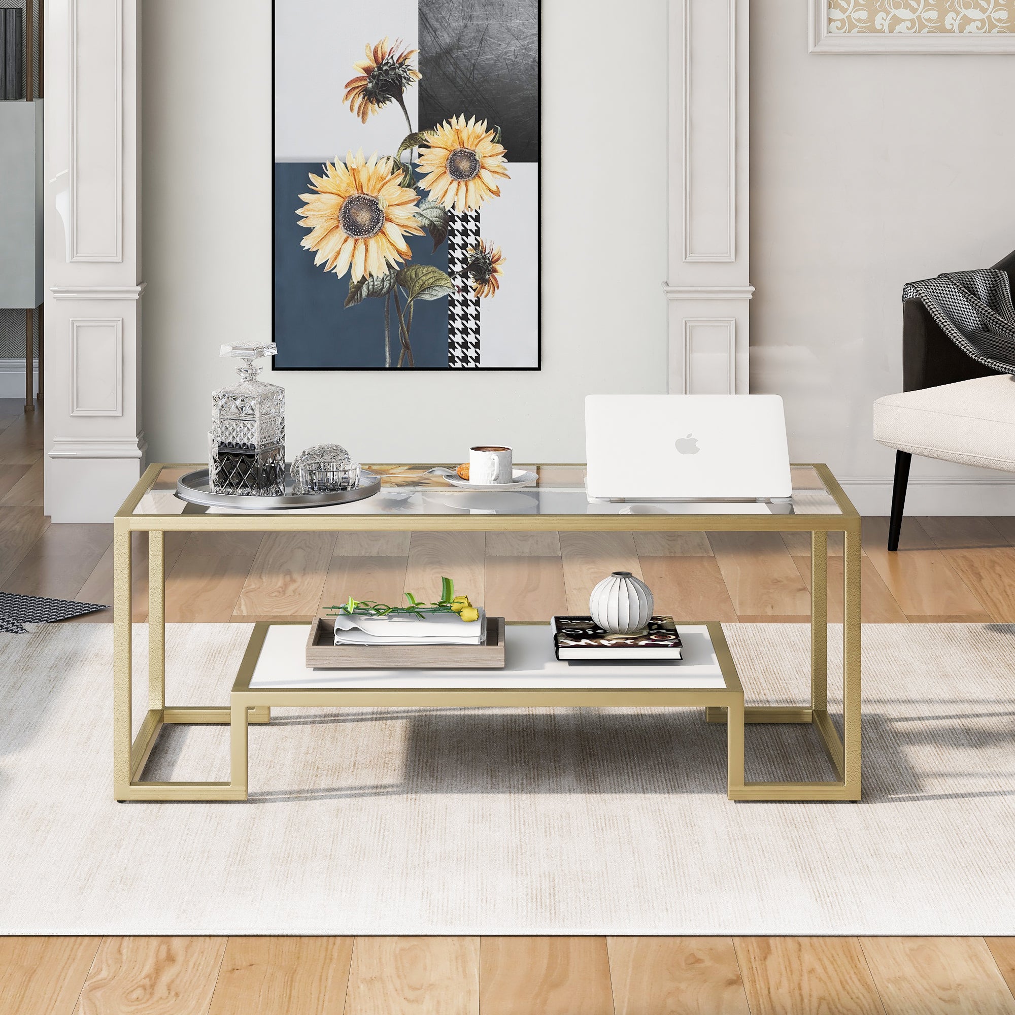 Modern Minimalist Design Living Room Coffee Table, Metal with Stained White Tempered Glass, 2-Tier Sofa Cocktail Tables, Gold