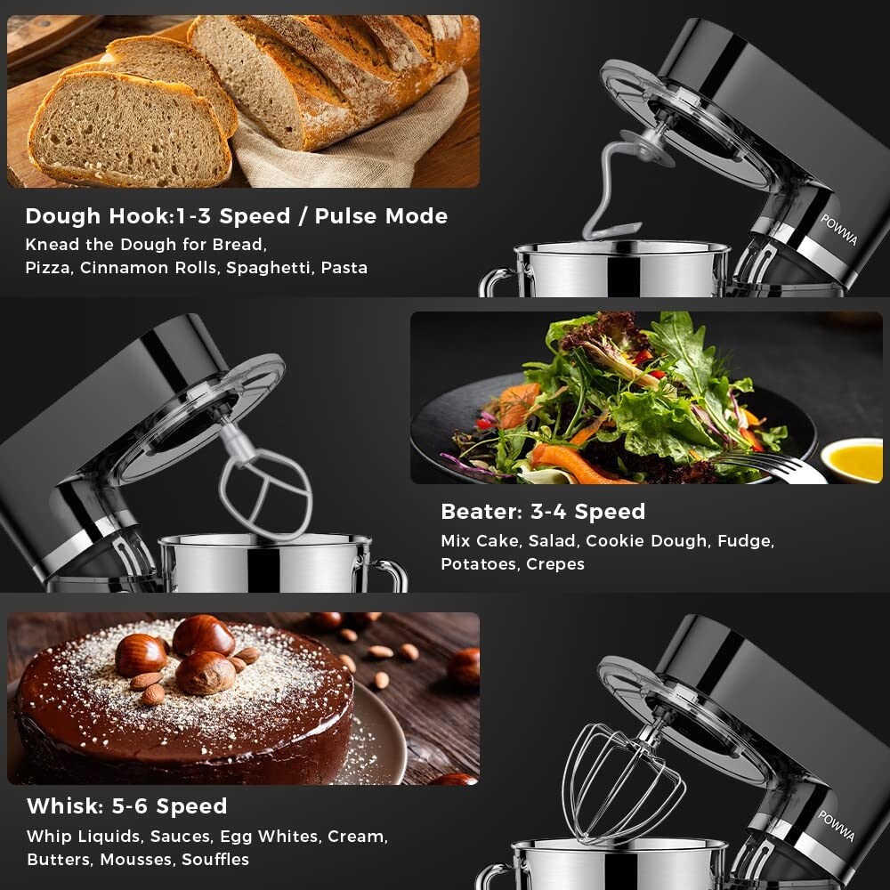 6.5 Quart Electric Mixer  6+1 Speed 660W Tilt Head Kitchen Food Mixers with Whisk  Dough Hook  Mixing Beater   Splash Guard