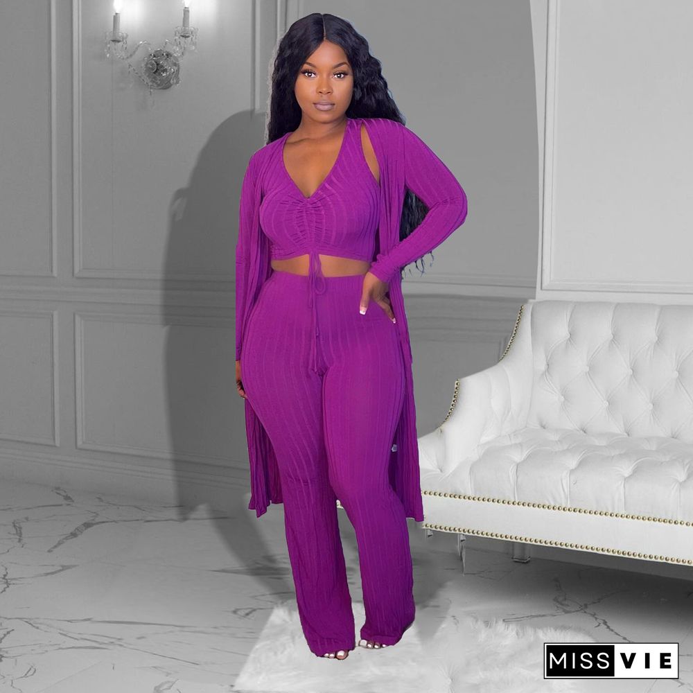 Knitted Cardigan Vest Wide Leg Pants 3 Piece Set