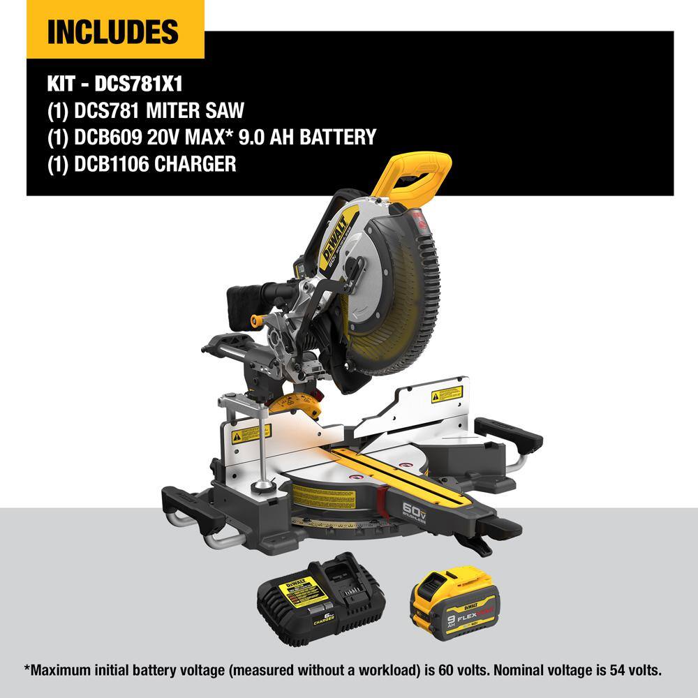 DW 60V Lithium-Ion 12 in. Cordless Sliding Miter Saw Kit with 9.0Ah Battery Pack DCS781X1