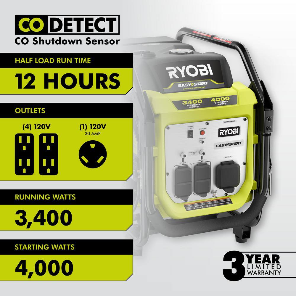 RYOBI 4000-Watt Gasoline Powered Digital Inverter Generator with CO Shutdown RYi4022X