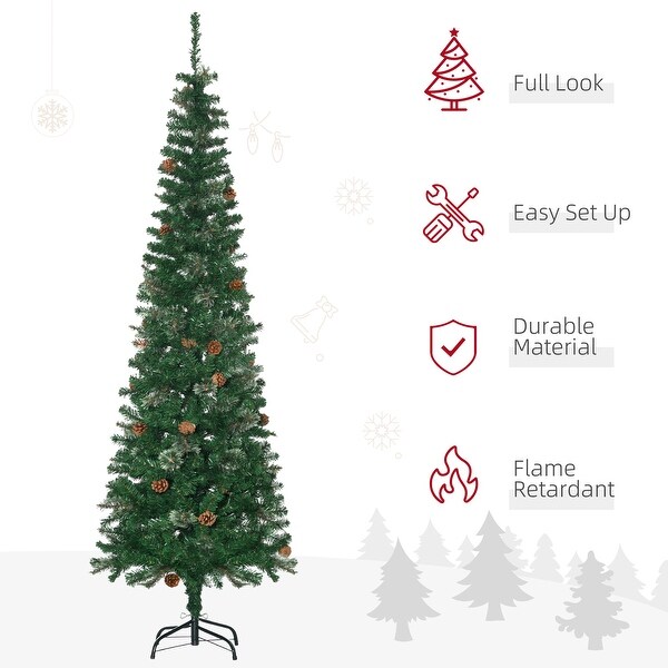 6.5FT Slim Pine Pencil Artificial Christmas Tree，Realistic Branches，Pine Cones，Metal Base