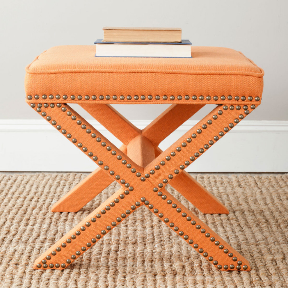 Arnold Ottoman Brass Nail Heads Orange   Contemporary   Footstools And Ottomans   by Peachtree Fine Furniture  Houzz