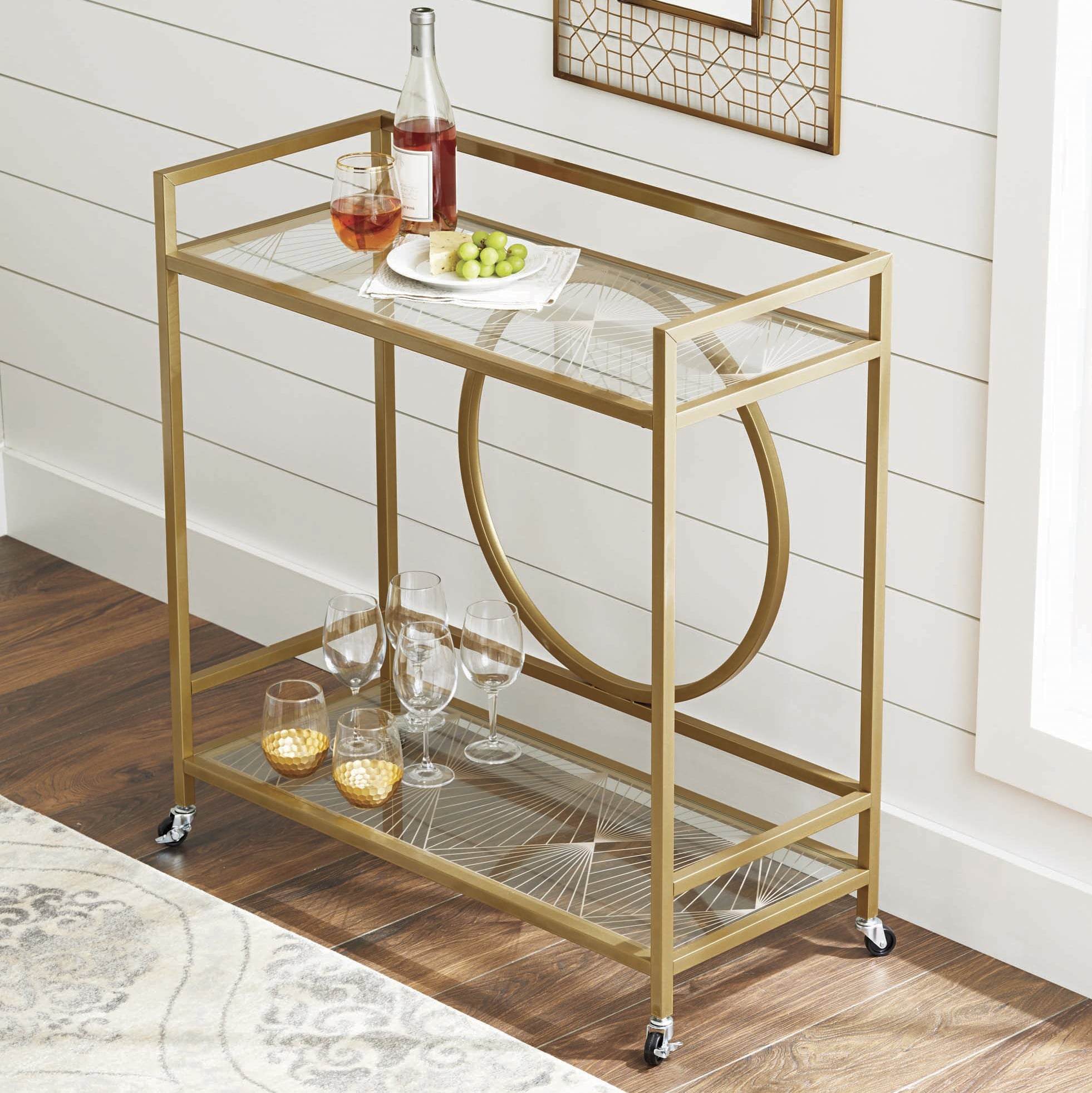 Better Homes & Gardens Nola Mid-Century Metal & Glass Bar Cart, Gold Finish