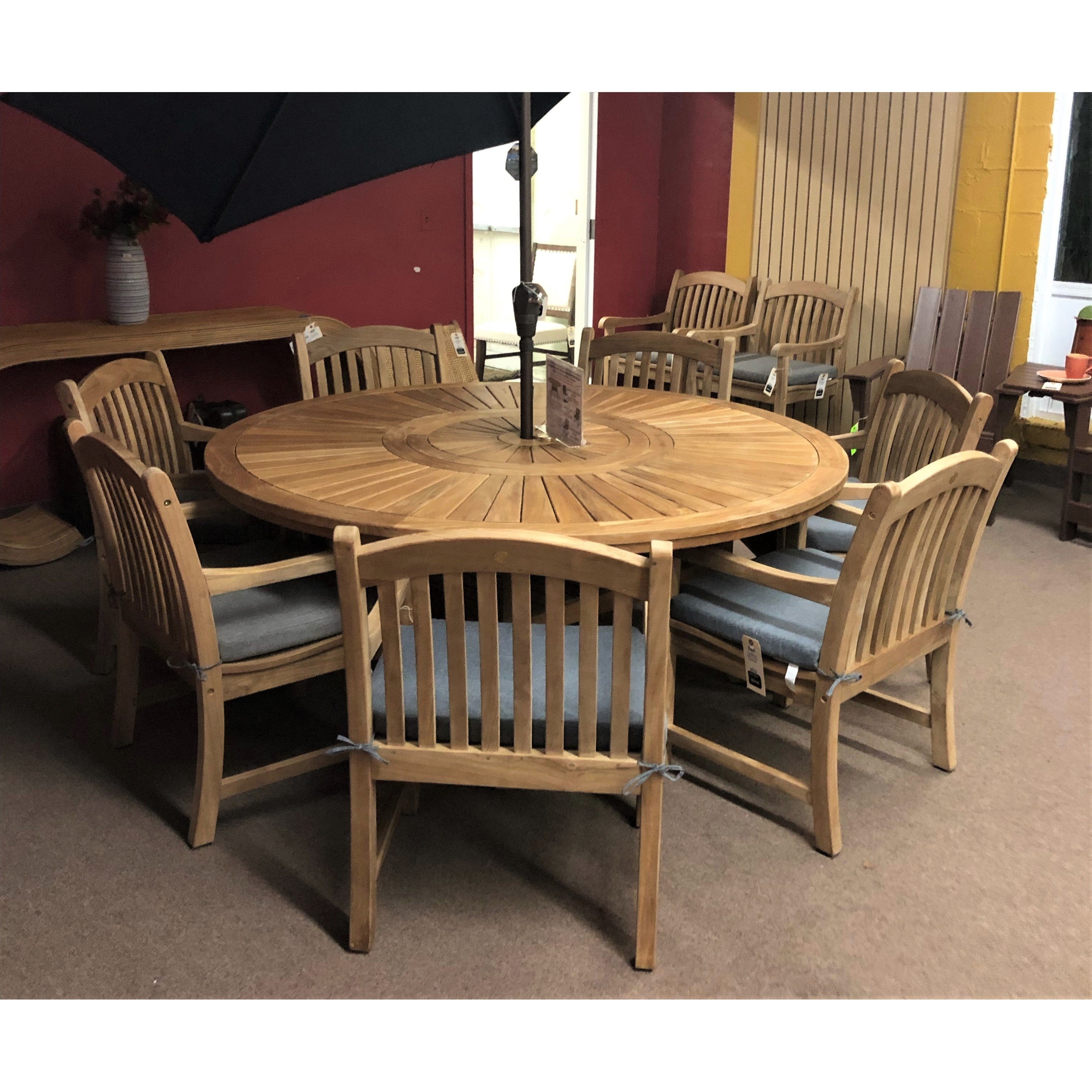 Komodo Teak 7pc Outdoor Dining Set (Teak 70 Round Table w Built-in Lazy Susan with 6 Teak Tista Armchairs +FREE Cushions)