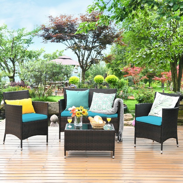 4pcs Outdoor Patio Pe Rattan Wicker Table Shelf Sofa Furniture Set With Cushion