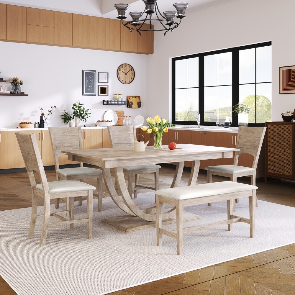 6 Piece Dining Table Set with Long Bench and 4 Upholstered Dining Chairs