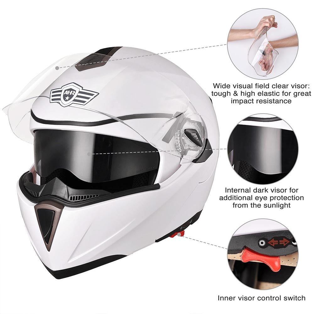 AHR Modular Helmet Flip Up Full Face Dual Visors DOT White