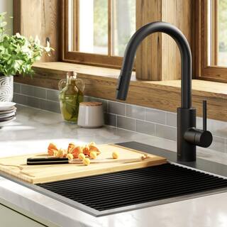 KRAUS Oletto Single Handle Pull Down Sprayer Kitchen Faucet with QuickDock Top Mount Installation Assembly in Matte Black KPF-2620MB