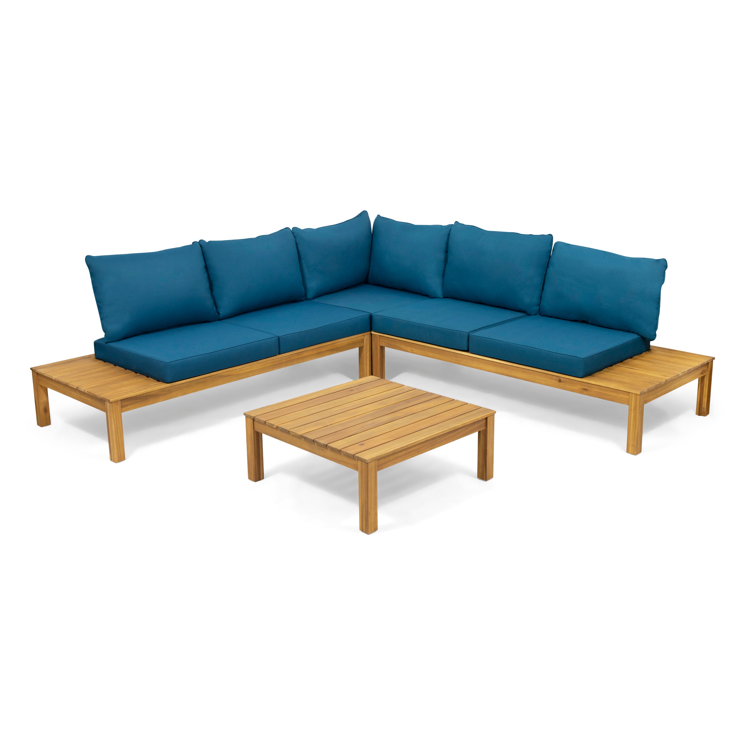 Vashti Outdoor 5 Seater V Shaped Acacia Wood Sectional Sofa Set with Cushions