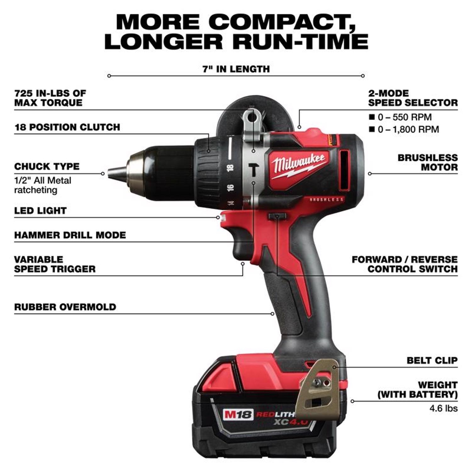 MW M18 18 V 1/2 in. Brushless Cordless Hammer Drill Kit (Battery \u0026 Charger)