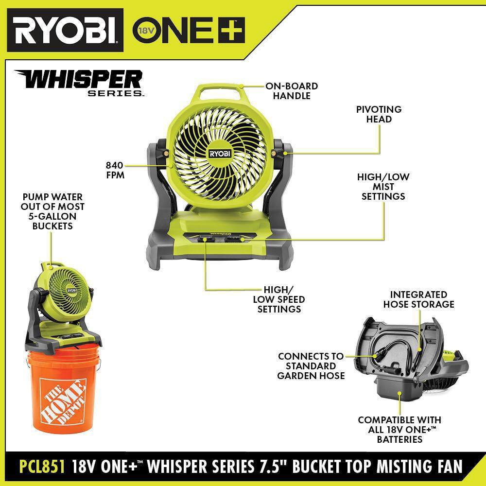 RYOBI ONE+ 18V Cordless Hybrid WHISPER SERIES Misting Air Cannon Fan and Bucket Top Misting Fan Kit w Batteries  Chargers PCL851K-PCL850K1