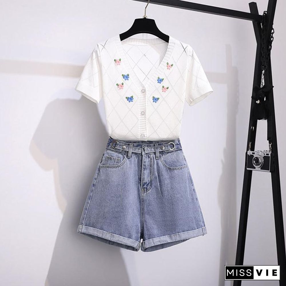 V-Collar Knit Cardigan+Denim Shorts P16161