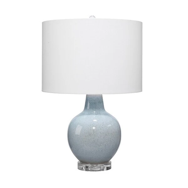 Table Lamp with Drum Shade and Ceramic Bellied Base， Blue