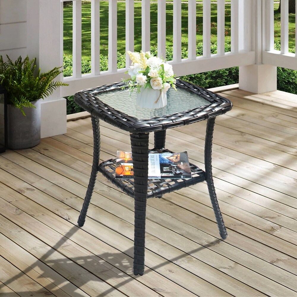 OVIOS Patio Outdoor Wicker Side Table with Glass Top