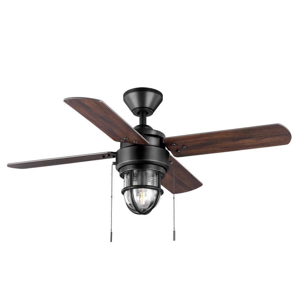 Hampton Bay Cedar Lake 44 in IndoorOutdoor LED Matte Black Damp Rated Ceiling Fan with Light Kit Downrod and 4 Reversible Blades