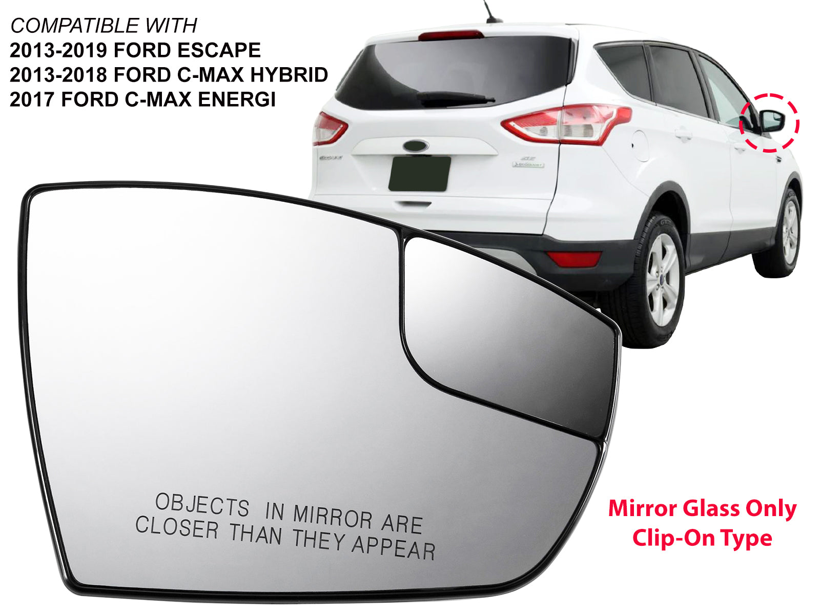 APA Replacement Mirror Glass with Spotter Glass Non-Heated with Backing Plate for 2013-2019 ESCAPE 2013-2018 C-MAX Passenger Right Side FO1325158