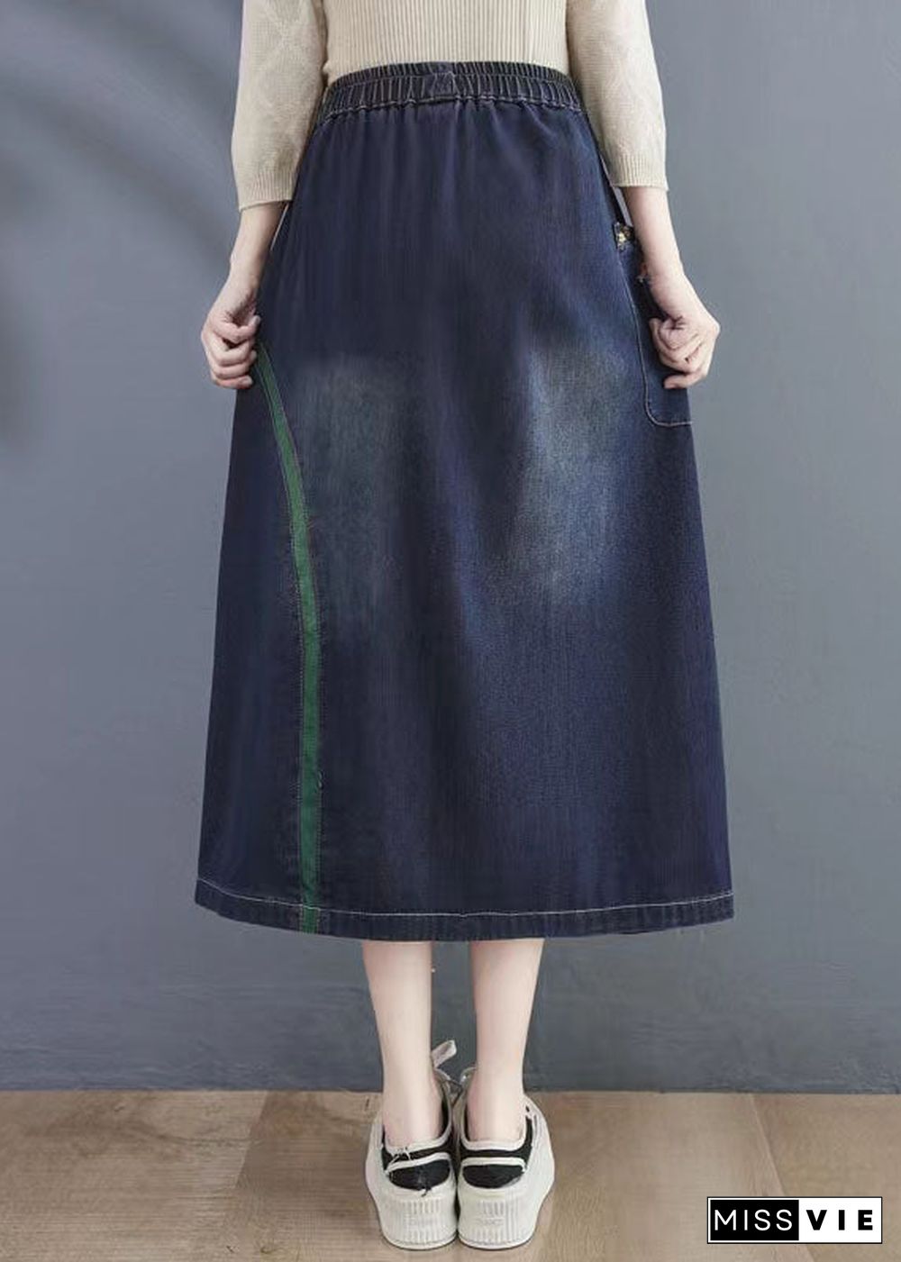 Art Navy Embroideried Hole Summer Denim Skirt