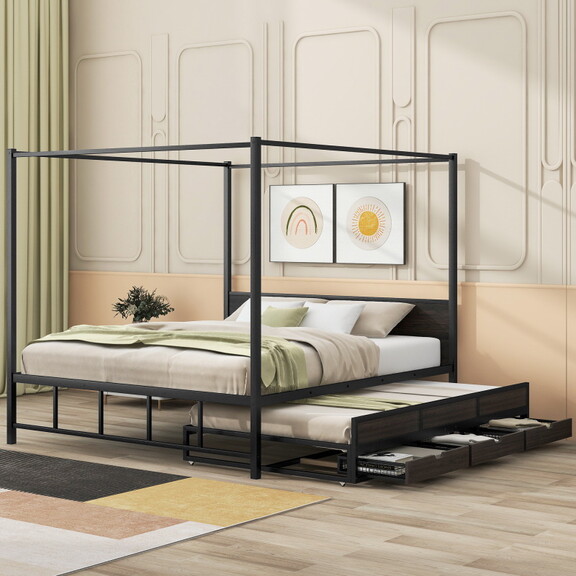 Queen Size Metal Canopy Platform Bed with Twin Siz...