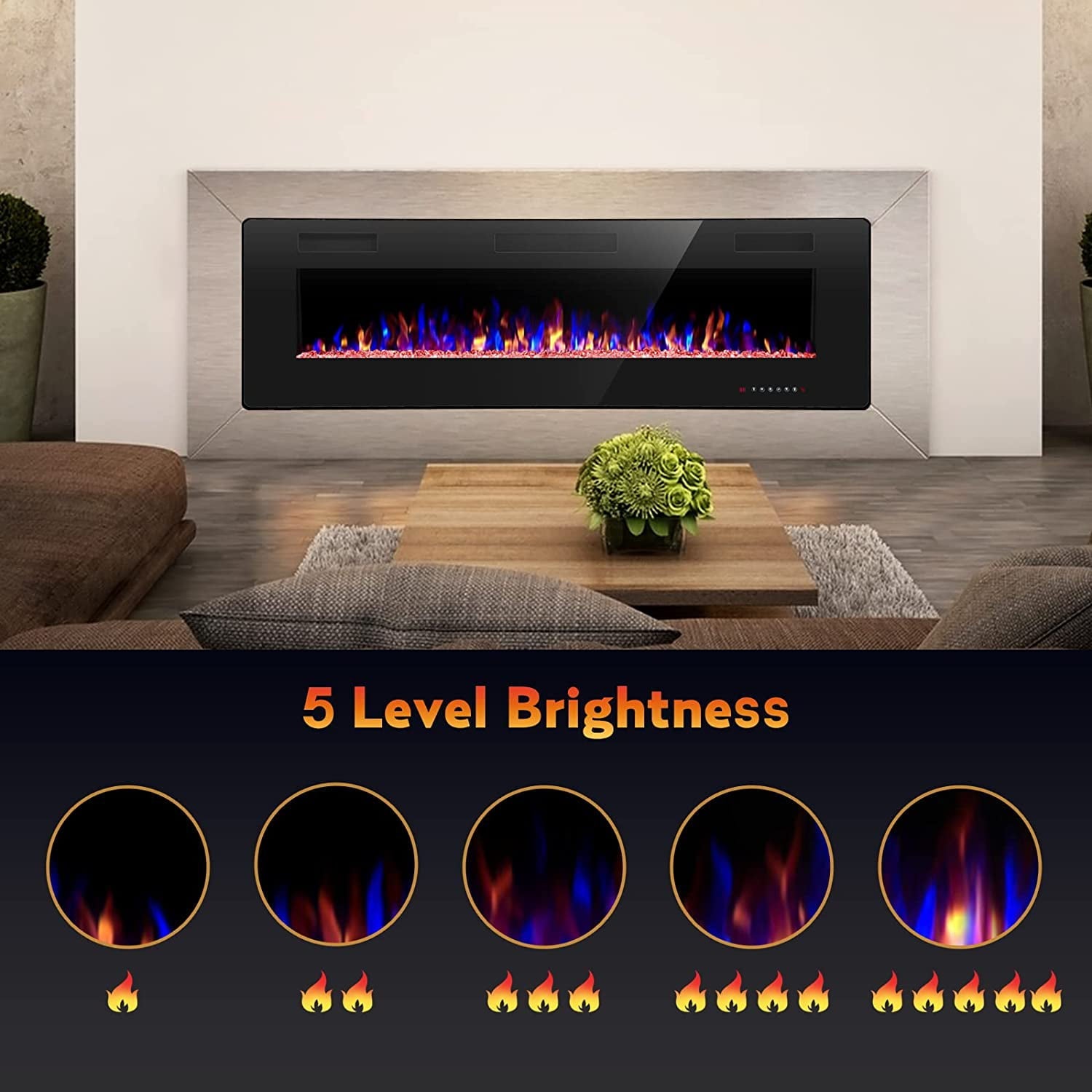 R.W.FLAME 30'' Wall Mounted Recessed Electric Fireplace Insert, Linear Fireplace, Ultra-Thin Lightweight LED Fireplace Heater, Touch Screen, Remote Control, 1500W, Black