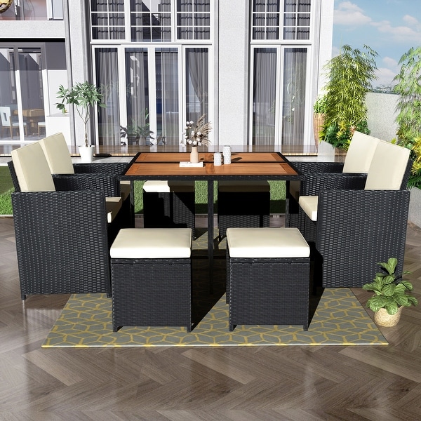 AllWeather PE Wicker Dining Table Set with Wood Tabletop for 8