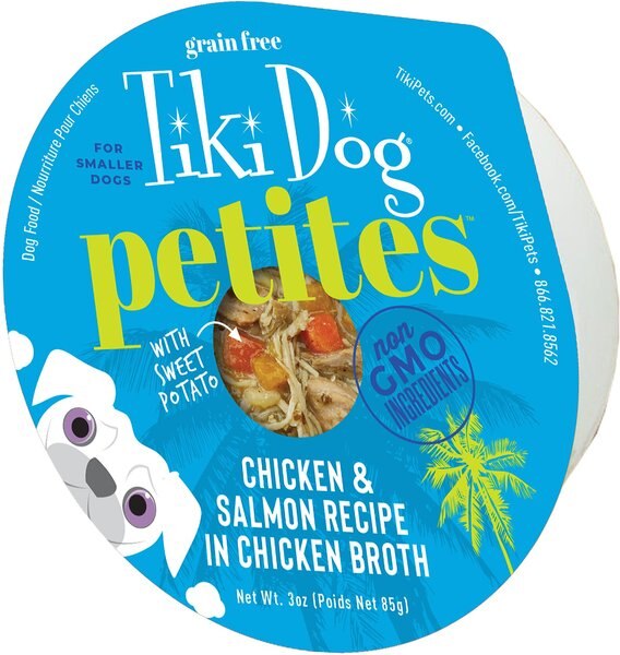 Tiki Dog Aloha Petites Chicken and Salmon Recipe in Chicken Broth Wet Dog Food， 3-oz cup， case of 4