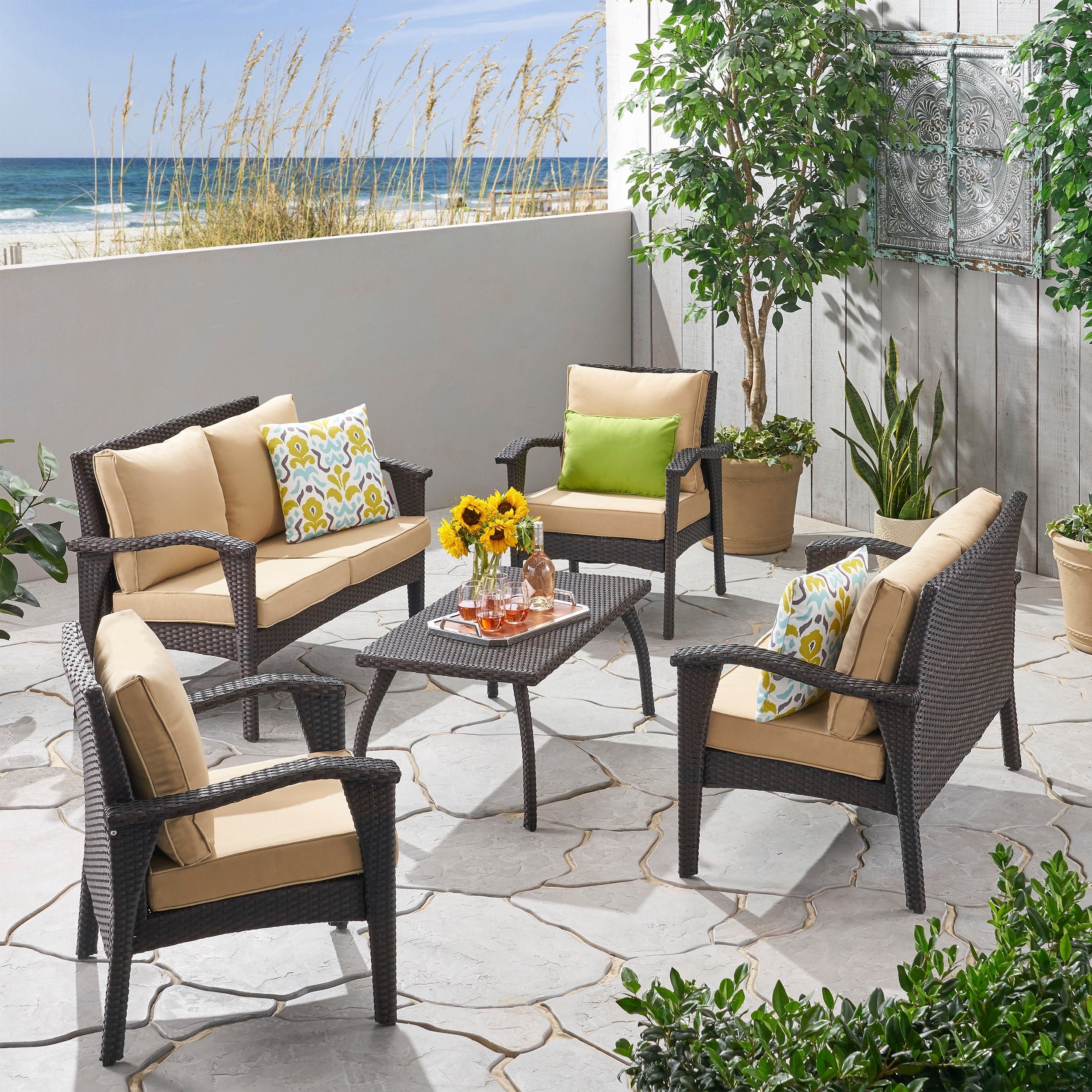 Voyage Outdoor 6 Seater Wicker Chat Set with Cushions