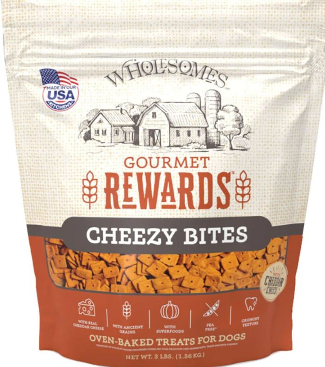 SportMix Wholesomes Gourmet Rewards Cheezy Bites Dog Biscuits， Cheddar Cheese， 3Lb. Bag