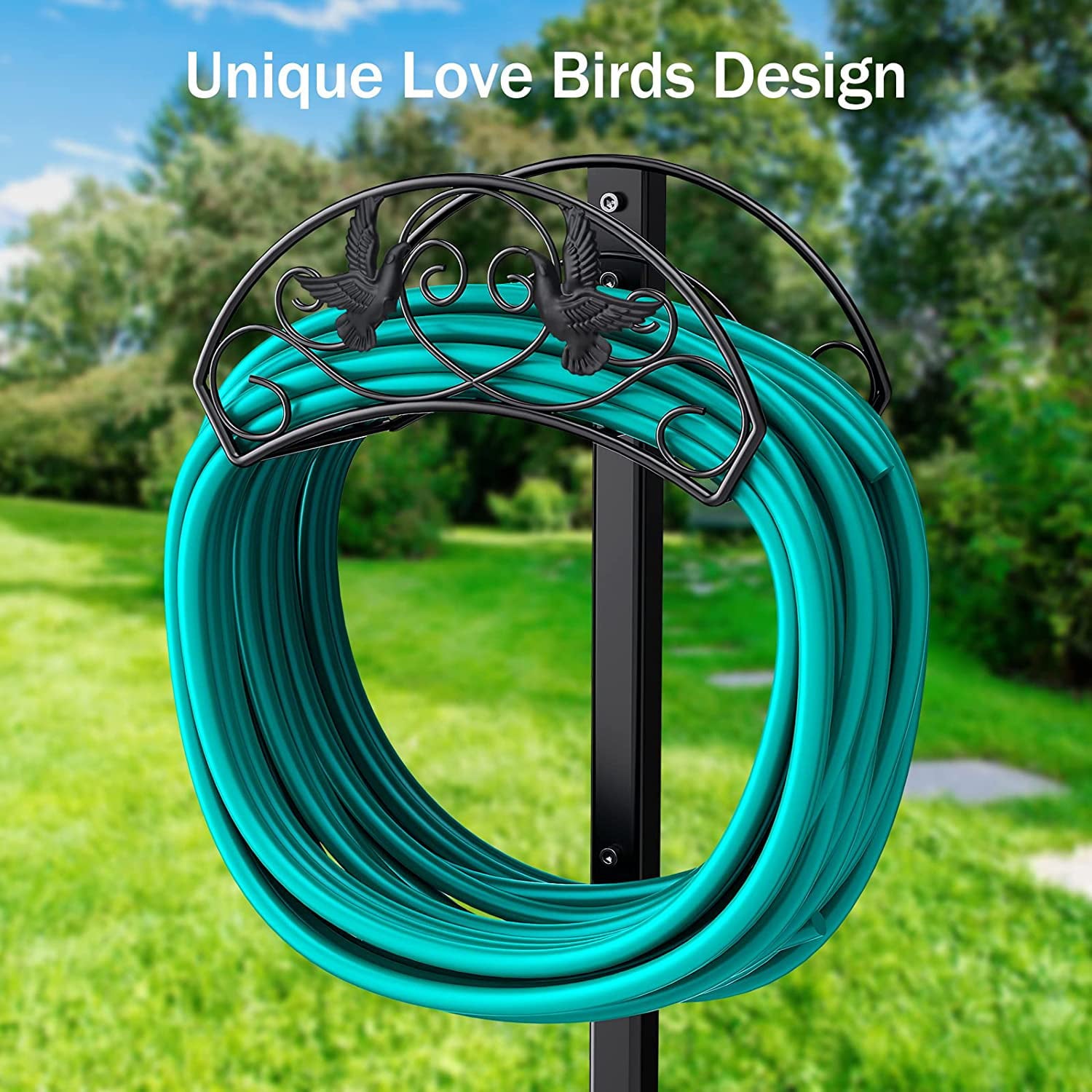 CreiYuan Garden Hose Holder， Water Hose Stand Freestanding Metal Hose Hanger， Detachable Heavy Duty Hose Storage Stand for Outdoor (Lovebirds)