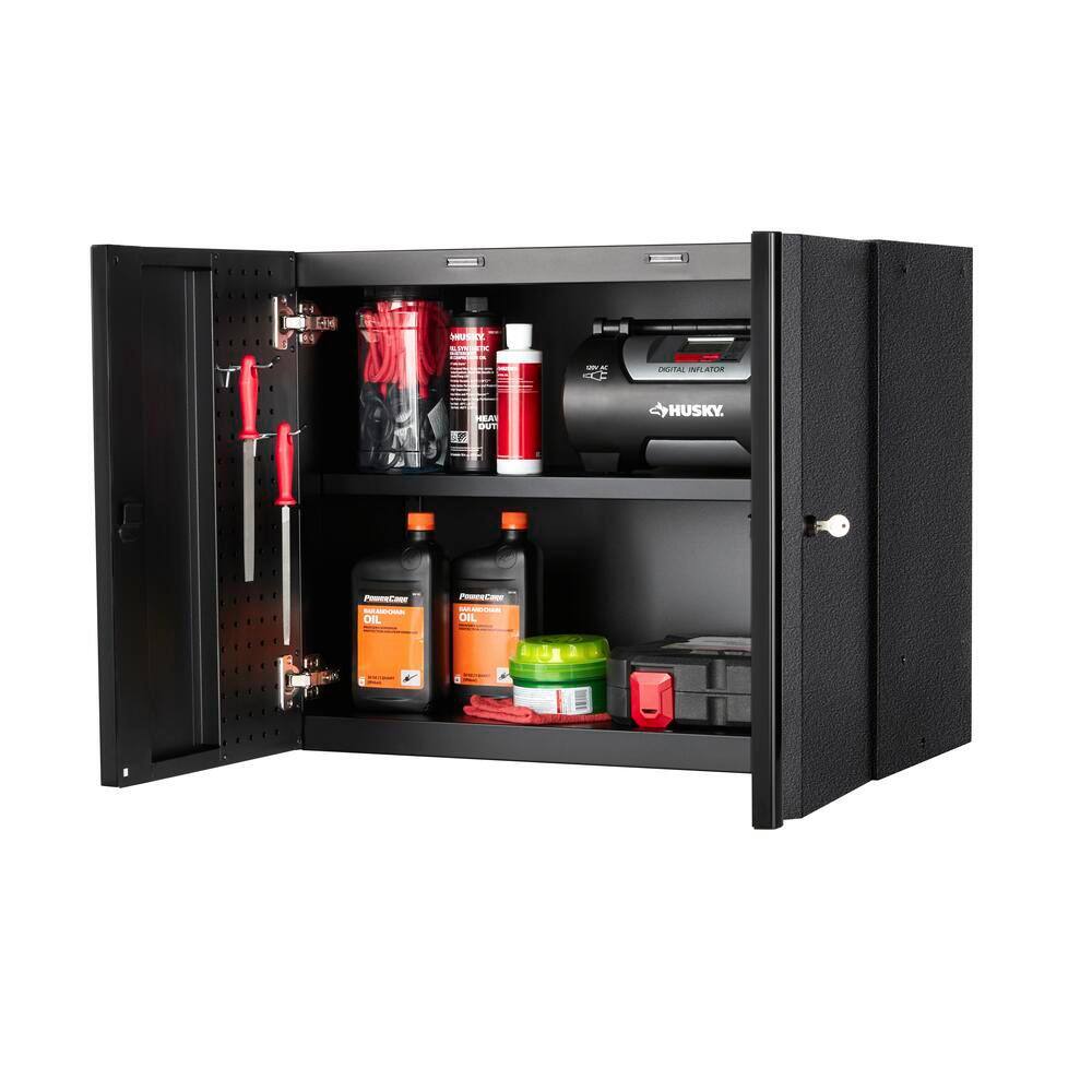 Husky HTC1000010-LX Pro Duty Welded 20-Gauge Steel Wall Mounted Garage Cabinet in Black LINE-X (28 in. W x 22 in. H x 14 in. D)