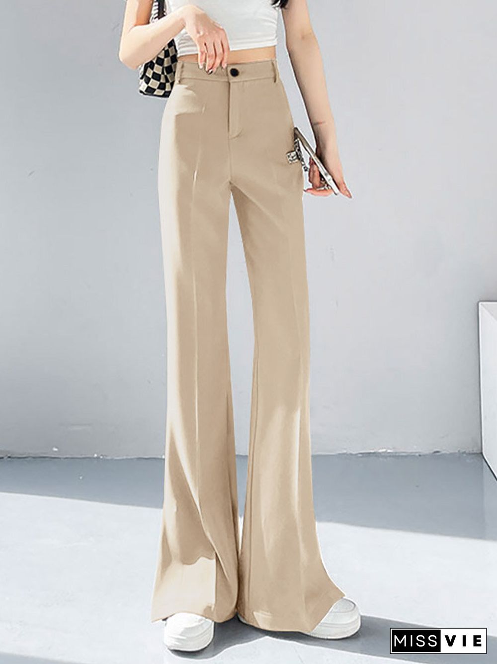 High Waist Solid Double Slit Hem Casual Pants