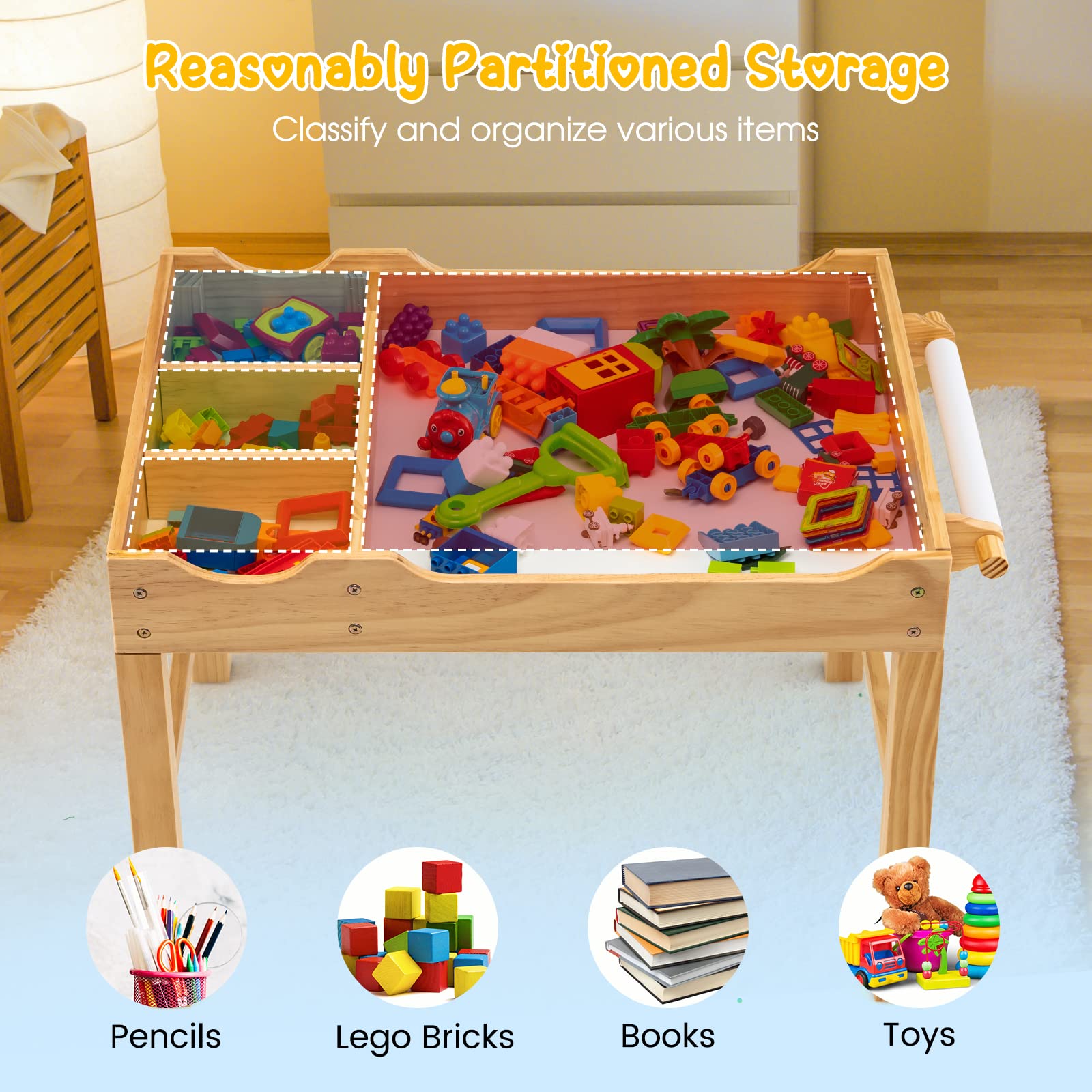 Costzon Kids Table, 3 in 1 Wood Building Block Desk w/Storage, Paper Roll