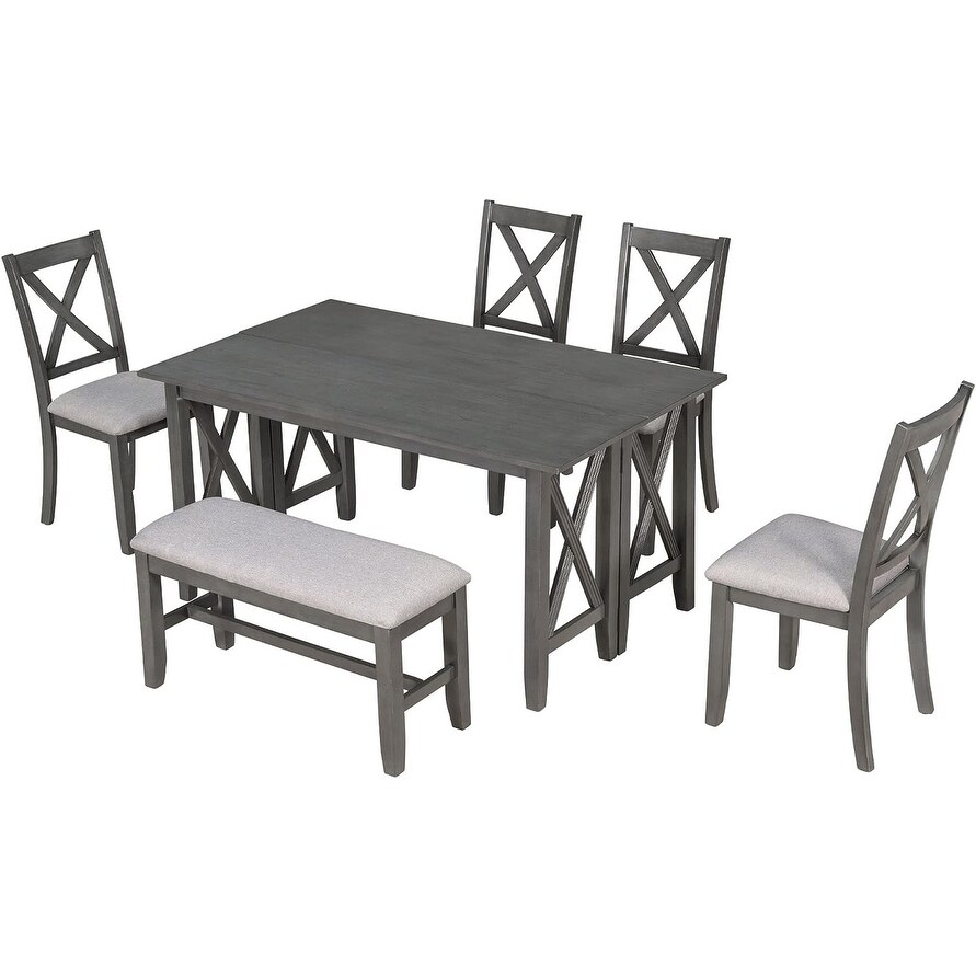 6 Piece Family Dining Set Solid Wood Space Saving Foldable Table   4 Chairs with Bench  for Living  Dining Room   Home Bar  Gray