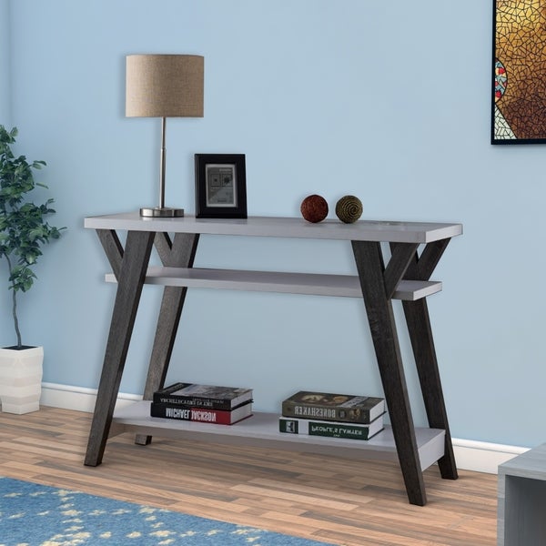 Wooden Console Table with 2 Lower Shelves， White and Distressed Gray