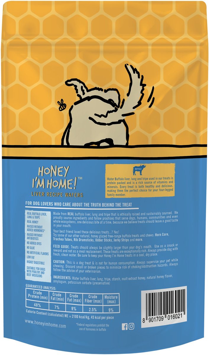 Honey I'm Home Mini Liver Wafers Natural Honey Coated Buffalo Dehydrated Dog Treats， 5.29-oz bag