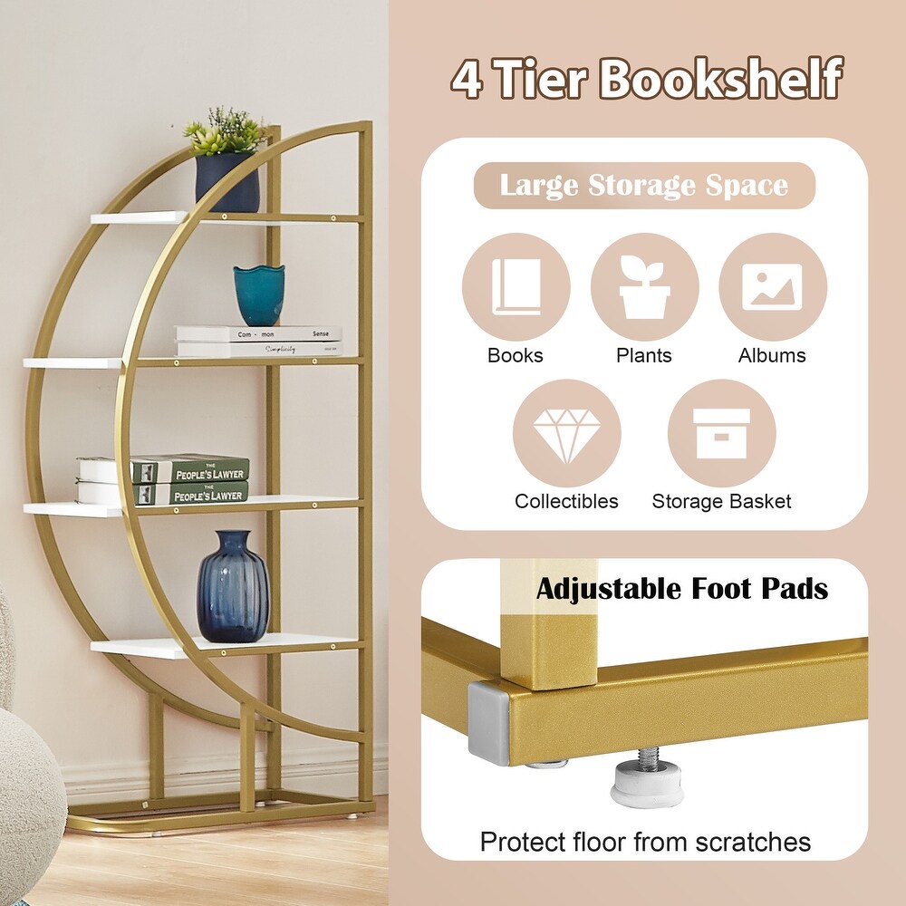 4 Tiers Home Office Round Shape Open Bookshelf with Gold Metal Frame