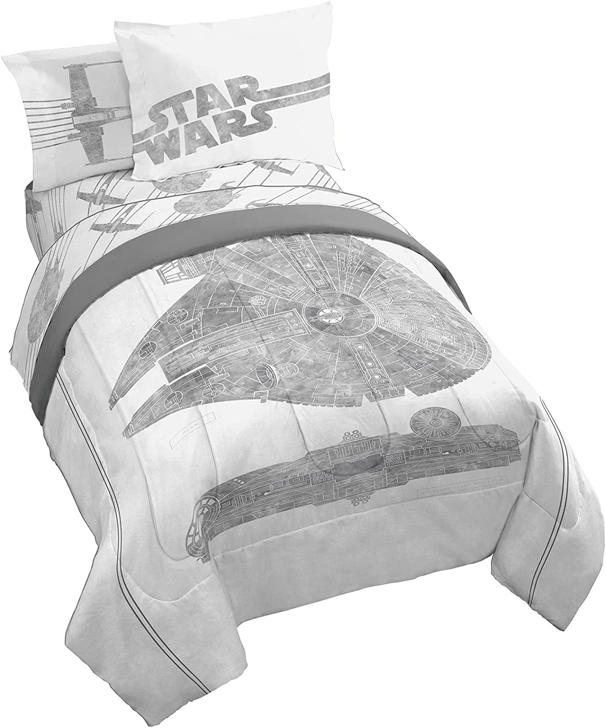 Star Wars Falcon Schematics 7 Piece Queen Size Bed Set, 100% Microfiber