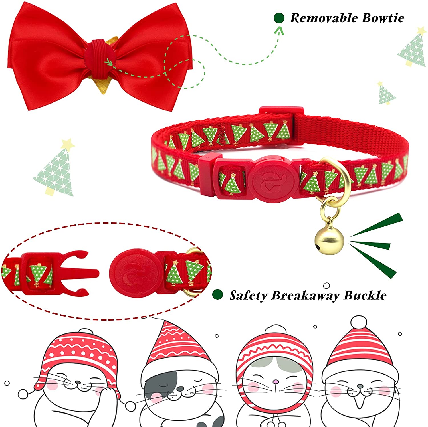 azuza Christmas Cat Collar with Bell 2 Pack Christmas Cat Bowtie with Christmas Tree and Santa Claus Pattern Xmas Breakaway Cat Collar Size Adjustable from 8