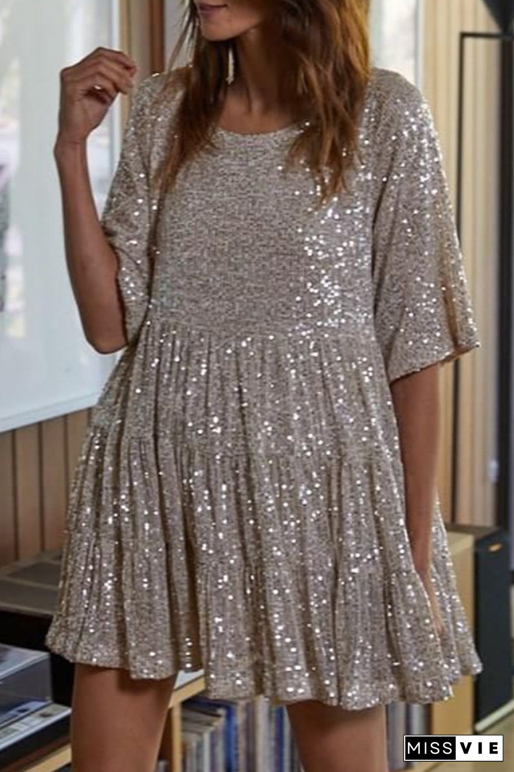 Casual Solid Sequins O Neck One Step Skirt Short Sleeve Dress